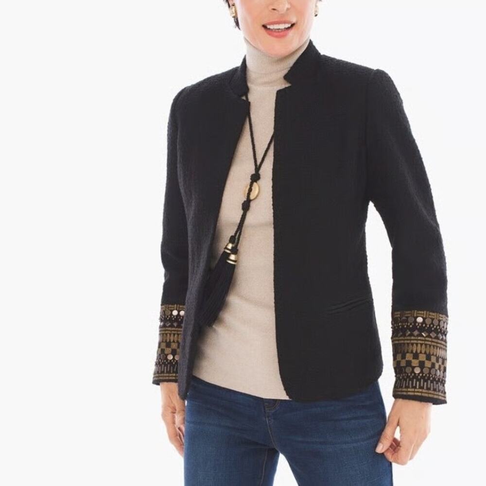 Chico's NWT Sz 1 Black Tweed Beaded Embroidered Novelty Open Jacket Blazer